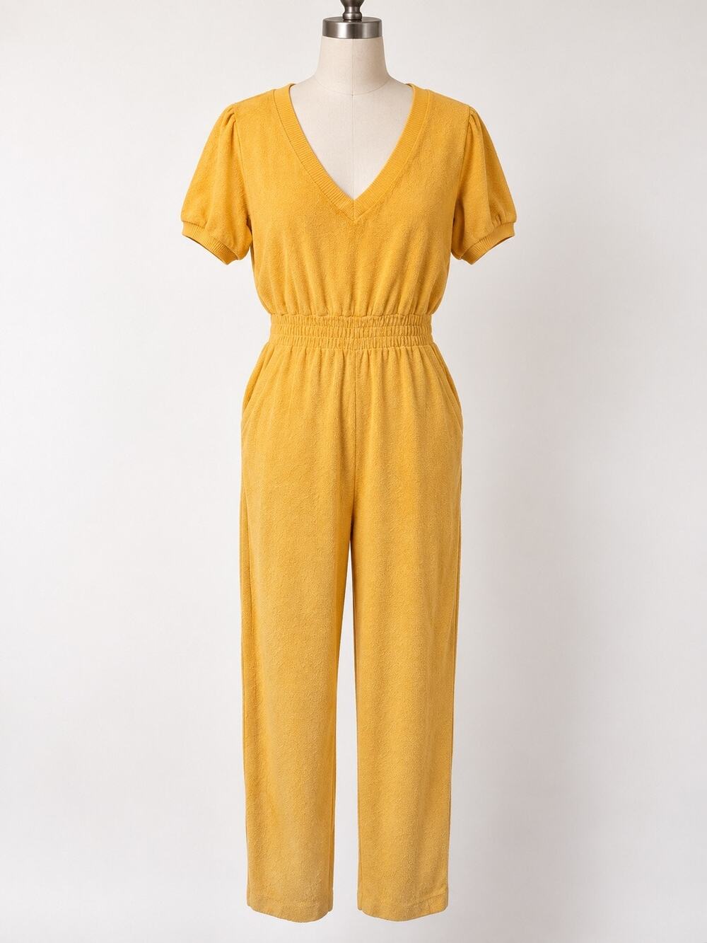 California ROC Mustard Yellow Terry Cloth V-Neck Puff Sleeve Jumpsuit